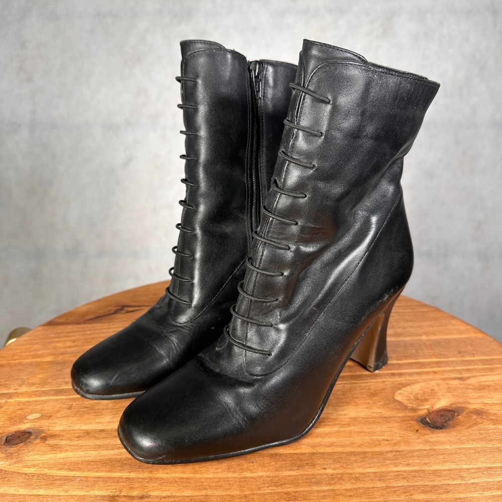 Laura Scott Witchy Boots Womens 5.5M Black Spool Heel Faux Lace Up Square Toe